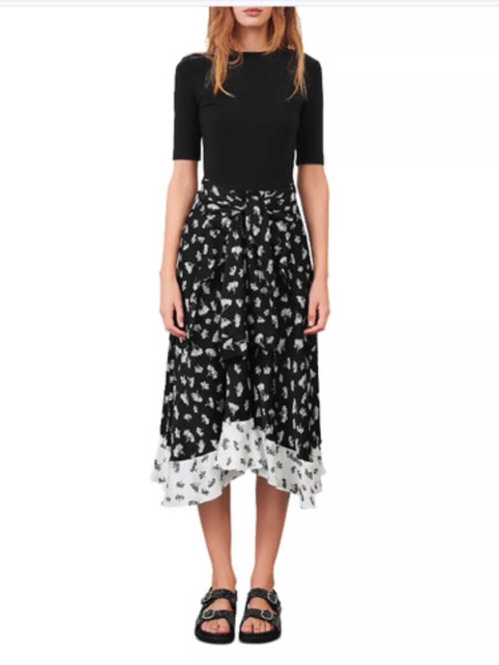 Maje Paris Raprina Dress Midi Mixed Material Jersey Satin Asymmetric Black Small